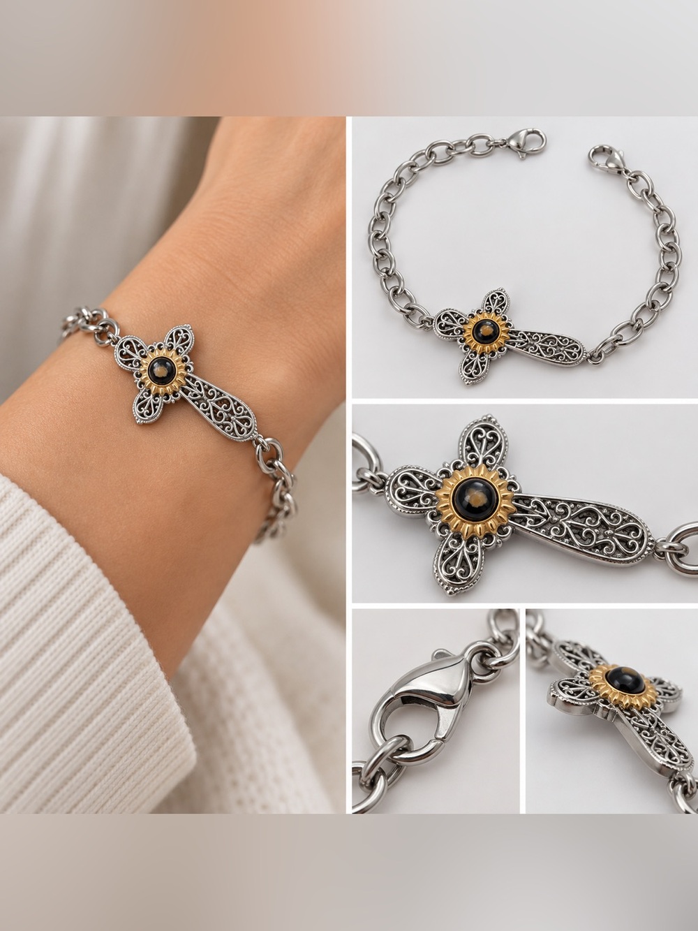 Michael Anthony Stainless Steel Cross Bracelet Two Tone Black Stone 8"